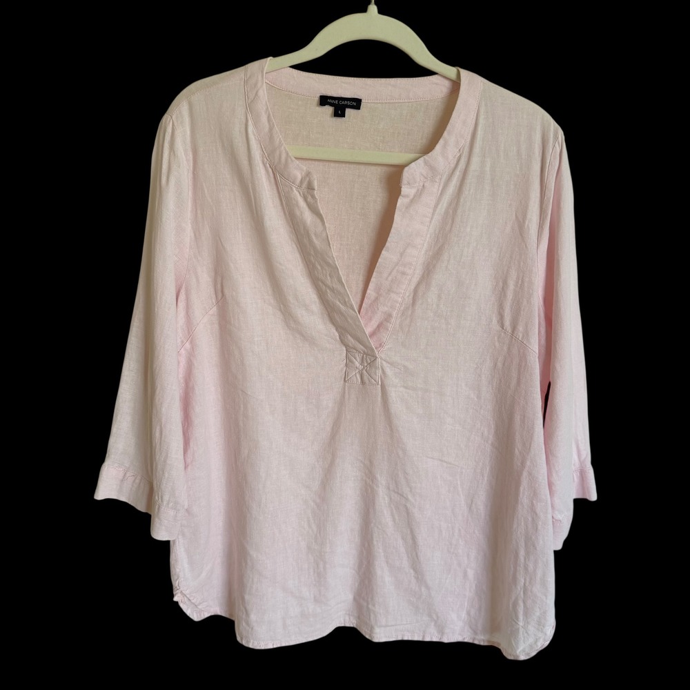 Anne Carson Pale Pink Linen Blend Split Neck 3/4‎ Sleeve Tunic Blouse Large
